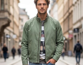 Chaqueta Harrington clásica hecha a mano - Abrigo bomber minimalista informal verde nenúfar - Abrigo urbano estructurado de lujo elegante e informal