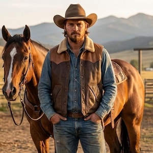 May include: A man wearing a brown cowboy hat, a brown leather vest with a cream-colored shearling collar, a denim shirt, and blue jeans, standing next to a brown horse. The background features mountains and a rural setting.