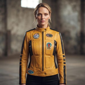 May include: A yellow leather motorcycle jacket with black side panels and sleeves. The jacket features a central zip, a mandarin collar, and several patches including one labelled CAT, one labelled DM, and a blue oval patch labelled CRANE.