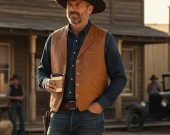 Handmade Vintage Tan Brown Leather Western Cowboy Vest - Classic Biker Gilet with Snap Button Blazer Lambskin Waistcoat