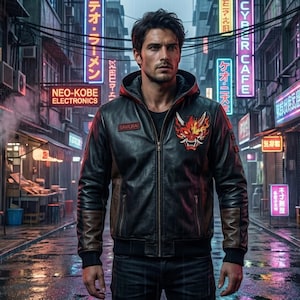 Op de afbeelding: Zwarte leren jas met een rood en geel demonengezicht patch en het woord "SAMURAI" op de borst. De jas heeft bruine accenten op de mouwen en een zwarte capuchon. De achtergrond toont een neonverlichte straat.