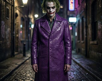 Gabardina larga de cuero con textura de cocodrilo morado hecha a mano - Abrigo gótico exótico de Joker para cosplay - Disfraz de villano cyberpunk de lujo a medida