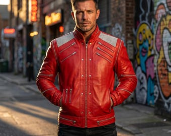 Chaqueta de cuero roja estilo retro hecha a mano, inspirada en la estrella del pop Michael Jackson y Beat It - Atuendo de lujo para conciertos de rock con múltiples cremalleras - Traje de baile icónico
