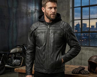 Chaqueta de cuero Auroral Stealth 3 en 1 hecha a mano para motociclistas: chaqueta de piel de cordero de peso medio con capucha extraíble y abrigo táctico reflectante con calavera.