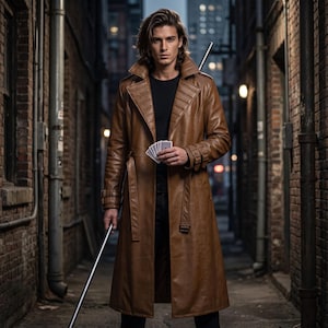 May include: A long brown leather trench coat with a wide collar, belted waist, and buckled cuffs. The coat is worn over a black shirt. A set of playing cards is held in one hand, and a long silver metal staff is held in the other hand.