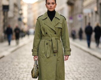 Abrigo largo cruzado de color verde militar para mujer, hecho a mano - Abrigo militar cortavientos de mezcla de algodón - Abrigo cortavientos clásico informal con cinturón