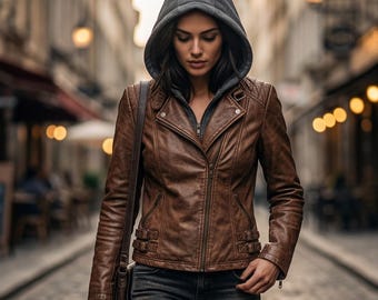 Handmade Grace Brown Evil Leather Tactical Jacket - Rugged Action Heroine Style Requiem Biker Coat - Resident Ashcroft Lambskin Hooded Wear