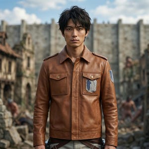 May include: A brown leather jacket featuring a pointed collar, two chest pockets with button closures, and a blue and white wing emblem patch on the left chest and sleeve. The jacket has long sleeves with buttoned cuffs and a structured fit.