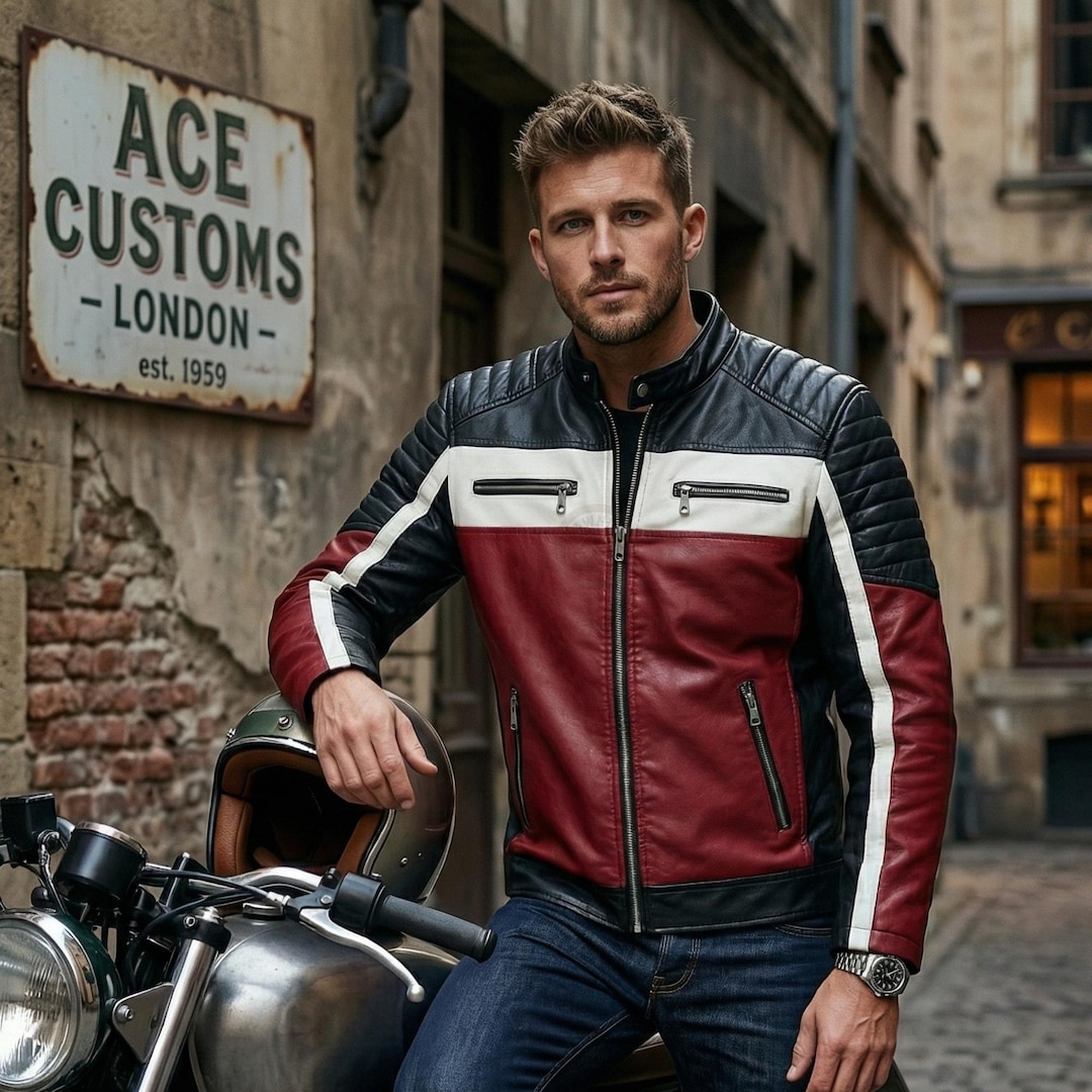 Handmade Cafe Racer Tri-color Leather Moto Jacket - Padded Shoulder ...
