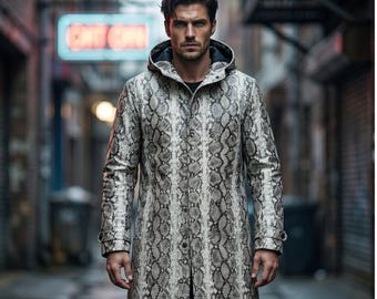 Handmade Snakeskin Pattern Hooded Trench Coat - Luxury Tailored Gideon Gaming Cosplay - RE9 Reptile Scale Long-line Parka