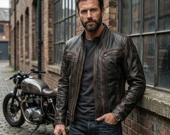 Chaqueta de cuero marrón desgastado hecha a mano para hombre, estilo Cafe Racer - Abrigo de motociclista vintage antiguo - Chaqueta de montar resistente de piel de cordero auténtica