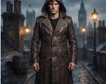 Gabardina de cuero estilo anime gótico victoriano hecha a mano - Elegante chaqueta con capucha estilo Syndicate para cosplay - Abrigo largo acolchado de lujo hecho a medida estilo Creed