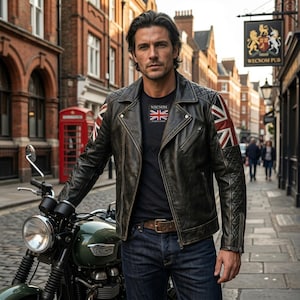 Könnte beinhalten: Dunkelbraune Lederjacke mit Union Jack-Flaggenaufnähern auf den Ärmeln. Die Jacke hat ein Steppmuster auf den Schultern und ein schwarzes T-Shirt darunter. Das Bild zeigt auch ein grünes Motorrad und eine Londoner Straßenszene.