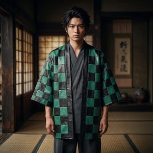May include: A person wearing a green and black chequered kimono-style jacket over a grey outfit. The jacket has a distinctive pattern of large squares. The background features traditional Japanese architecture with sliding doors and tatami mats.