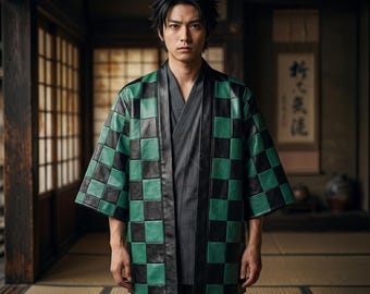 Chaqueta de cuero a cuadros verdes y negros para hombre, hecha a mano - Abrigo de estilo gamer inspirado en Demon Hunter - Chaqueta icónica de estilo samurái con patchwork