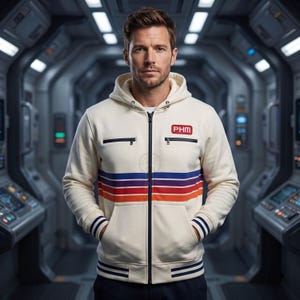 May include: A cream-colored zip-up hoodie featuring a dark blue central zipper, two chest pockets with dark blue zippers, and a red rectangular patch with the text PHM. The garment includes horizontal stripes in purple, red, and orange.