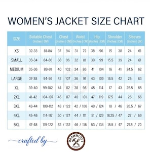 Pode incluir: Uma tabela de tamanhos de jaquetas femininas com medidas em polegadas e cent&iacute;metros. A tabela inclui tamanhos XS a 5XL, listando medidas de peito, cintura, quadril, ombro e mangas. O texto "WOMEN'S JACKET SIZE CHART" est&aacute; no topo.