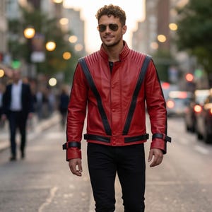 Handmade Men’s Pop Icon Red Leather Jacket - Iconic Music Thriller Inspired Black V-Stripe Biker Coat - Legendary King of Rock Style