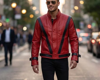 Handmade Men’s Pop Icon Red Leather Jacket - Iconic Music Thriller Inspired Black V-Stripe Biker Coat - Legendary King of Rock Style
