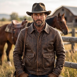 May include: A dark brown leather jacket with a pointed collar, a front zipper closure, and two large flap pockets on the chest. The jacket is worn with a dark brown felt fedora hat. The garment features long sleeves and a structured fit.