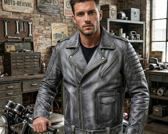Chaqueta de cuero vintage antigua hecha a mano y encerada a mano - Abrigo de motociclista acolchado de piel de cordero para hombre - Chaqueta Heritage artesanal desgastada en color carbón