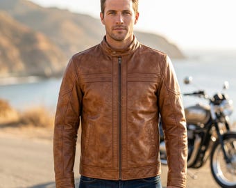 Chaqueta motera acolchada de cuero marrón hecha a mano - Abrigo de moto de piel de oveja encerada a mano para hombre - Chaqueta retro estilo cafe racer clásica color bronce