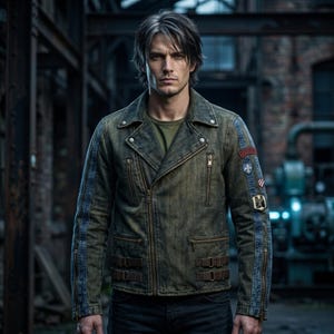 May include: A distressed green denim jacket with a classic biker style. The jacket features a diagonal zipper, multiple pockets, and decorative patches on the sleeve. The jacket is worn over a green t-shirt and paired with black pants.