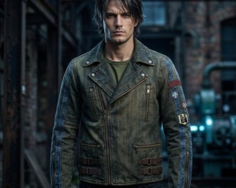 Chaqueta de cuero estilo Brando retro, hecha a mano, con efecto desgastado, estilo táctico de motociclista, estilo vintage gamer streetwear con parches bordados.
