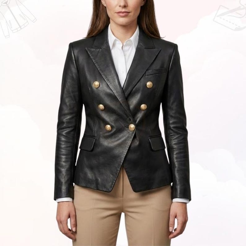Woman wearing a glamorous black leather blazer for a professional look.
