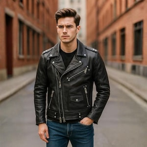 Puede incluir: Chaqueta de cuero negra de estilo motero con múltiples cremalleras plateadas y cuello con botones a presión. La chaqueta tiene un diseño asimétrico clásico, un pequeño bolsillo y se usa con vaqueros azules. La persona está en un callejón de ladrillos.