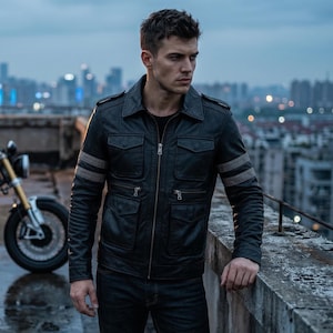 Handmade Men’s Black Evil Leather Jacket - Gray Striped Sleeve Biker Moto Coat - Kennedy Inspired Action Hero Video Game Style