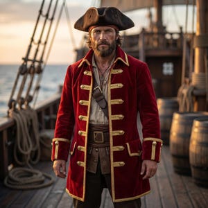 May include: A dark red velvet long coat featuring gold trim and brass buttons, worn over a beige shirt and brown trousers with a leather belt. A dark brown tricorn hat sits atop the head, completing the ensemble with a classic nautical aesthetic.