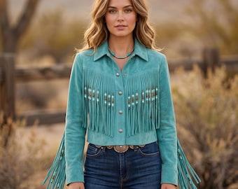 Chaqueta americana de ante turquesa hecha a mano con flecos - Abrigo de cuero con borlas, ribete de hueso y cuentas, estilo western - Conjunto bohemio de vaquera para mujer