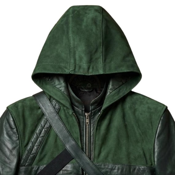 Handmade Arrow Emerald Archer Green Hooded Leather Jacket With