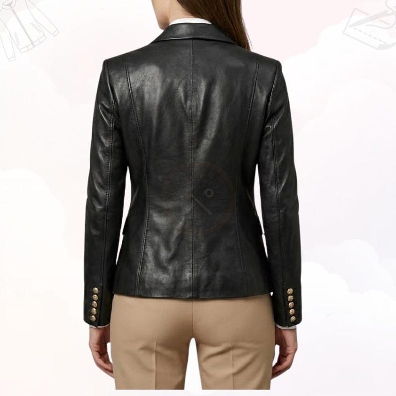 Back view of a tailored slim-fit black leather blazer for women.