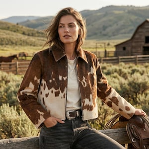 May include: A brown and white cowhide jacket with a zip-up front and a collared neckline. The jacket is paired with a white t-shirt, black jeans, and a silver belt. The background features a rural landscape with a wooden fence and a barn.