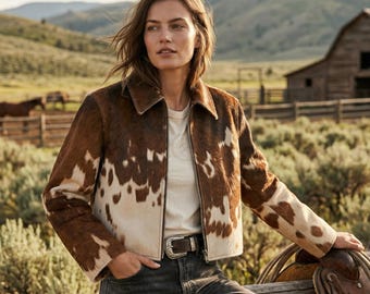 Chaqueta de cuero de vaca con pelo, hecha a mano, estilo vaquera - Abrigo de motociclista estilo western con estampado multicolor natural único - Ropa de moda de lujo de piel de vaca para mujer