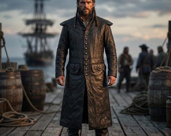 Abrigo largo de cuero negro acolchado con velas, estilo pirata renacentista, hecho a mano - Abrigo gótico artístico para cosplay - Lujoso estilo medieval anime a medida