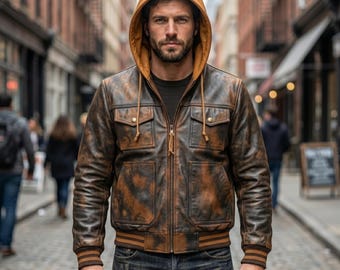 Chaqueta camionera con capucha encerada estilo vintage retro hecha a mano - Abrigo desgastado estilo denim - Lujosa sudadera informal con capucha naranja vibrante estilo streetwear