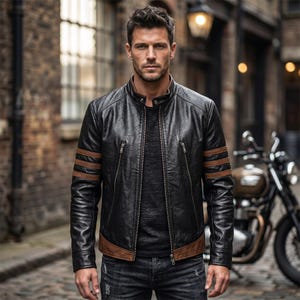 Handmade Men’s Black Cafe Racer Leather Jacket - Wolverine Striped Biker Moto Jacket - Retro Racing Movie Style Coat
