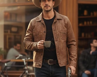 Chaqueta vaquera vintage de cuero encerado hecha a mano - Abrigo clásico de estilo vaquero occidental desgastado - Chaqueta de cuero resistente con cuello de camisa de ranchero