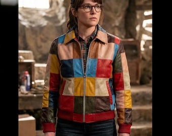 Chaqueta bomber de cuero multicolor hecha a mano con patchwork - Abrigo retro de piel de cordero a cuadros arcoíris - Chaqueta vintage con cuello de camisa y bloques de color llamativos