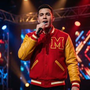 Chaqueta universitaria bomber retro con logo M hecha a mano - Estilo clásico de concierto de cantante de cultura pop en rojo y amarillo