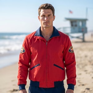 Peut inclure: Une veste rouge avec un col, des poignets et une ceinture bleu foncé. La veste présente une fermeture éclair frontale, deux poches inclinées et des écussons circulaires sur les deux manches affichant le texte Baywatch Lifeguard en jaune et blanc.