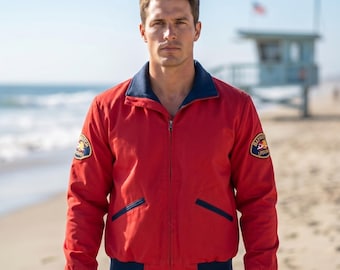 Bomber rosso stile anni '90 da bagnino, realizzato a mano - Giacca a vento casual bicolore in misto cotone dai colori vivaci - Capospalla costiero di lusso su misura