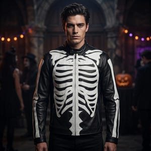 Handmade Halloween Skeleton Bone Leather Jacket - Genuine Biker Motorcycle Coat Black Gothic Punk Streetwear Fashion Outwear