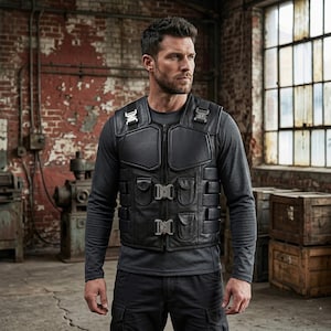 May include: A black tactical vest featuring padded chest panels, multiple utility pockets, and metallic quick-release buckles. The vest is worn over a long-sleeved dark grey shirt and is constructed with structured segments and adjustable straps.