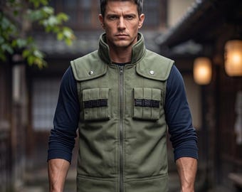 Olive Green Anime Tactical Cotton Vest | Handmade Ninja Flak Military Style Cosplay Costume | Unisex Multi Pocket Utility Gear Waistcoat