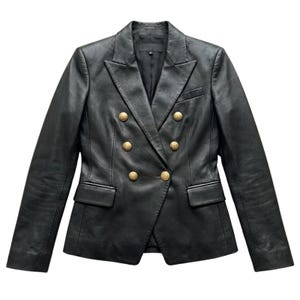 Authentic "Kim Style" black leather blazer for power dressing.