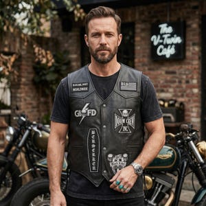 May include: A black leather waistcoat featuring multiple embroidered patches, including a lightning bolt with a skull, a cross with the text Doom Crew Inc, and a Black Label Society Worldwide label, worn over a plain black t-shirt with metal snap buttons.